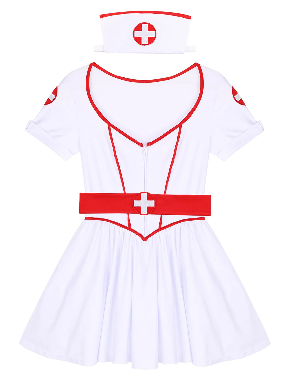 Naughty Nurse Cosplay Costume Set - 3Pcs Sweetheart Neckline Tutu Dress with Headband and Belt for Halloween Party