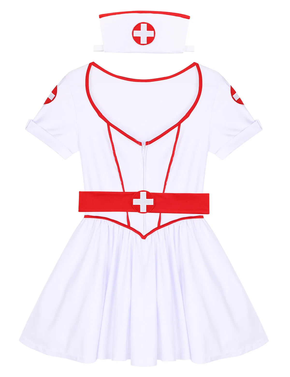 Naughty Nurse Cosplay Costume Set - 3Pcs Sweetheart Neckline Tutu Dress with Headband and Belt for Halloween Party