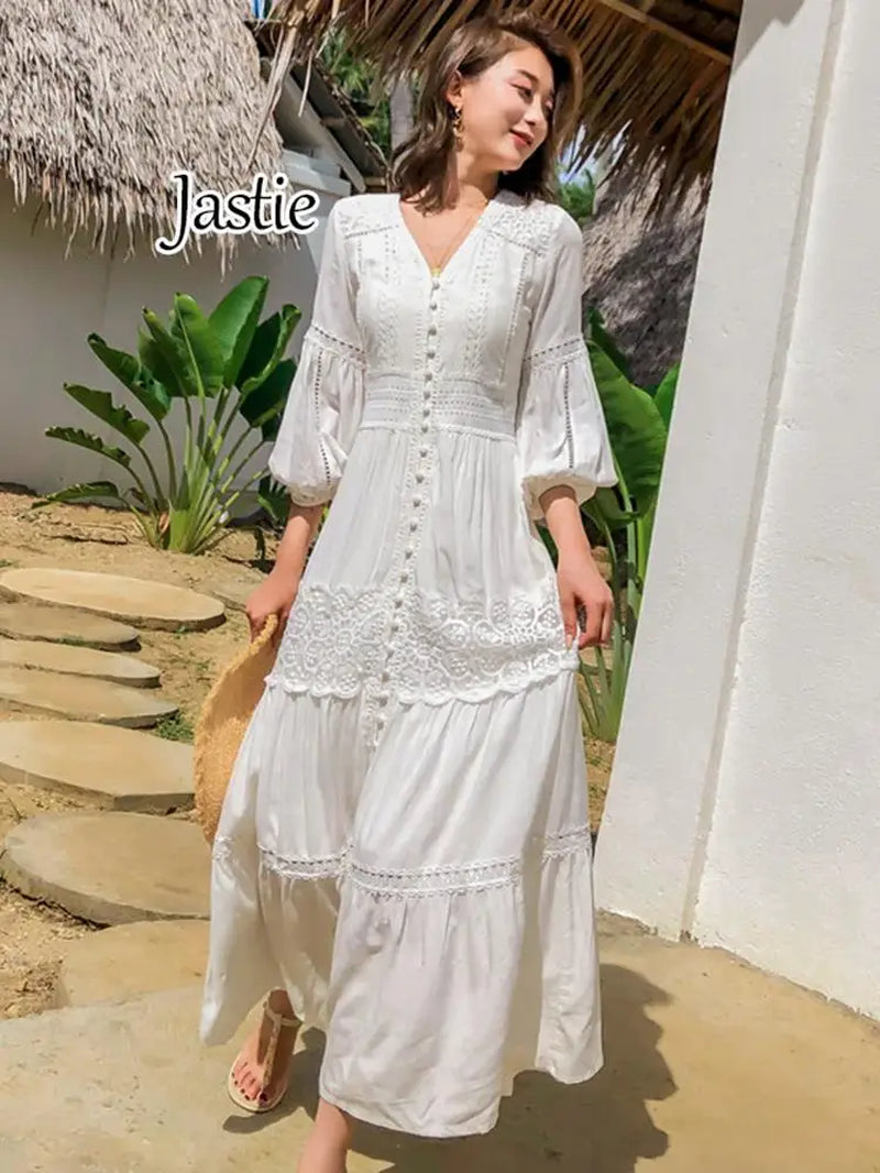 Elegant V-Neck Lantern Sleeve Maxi Dress - 2025 Spring Summer Cotton Patchwork Lace Beach Dress for Women