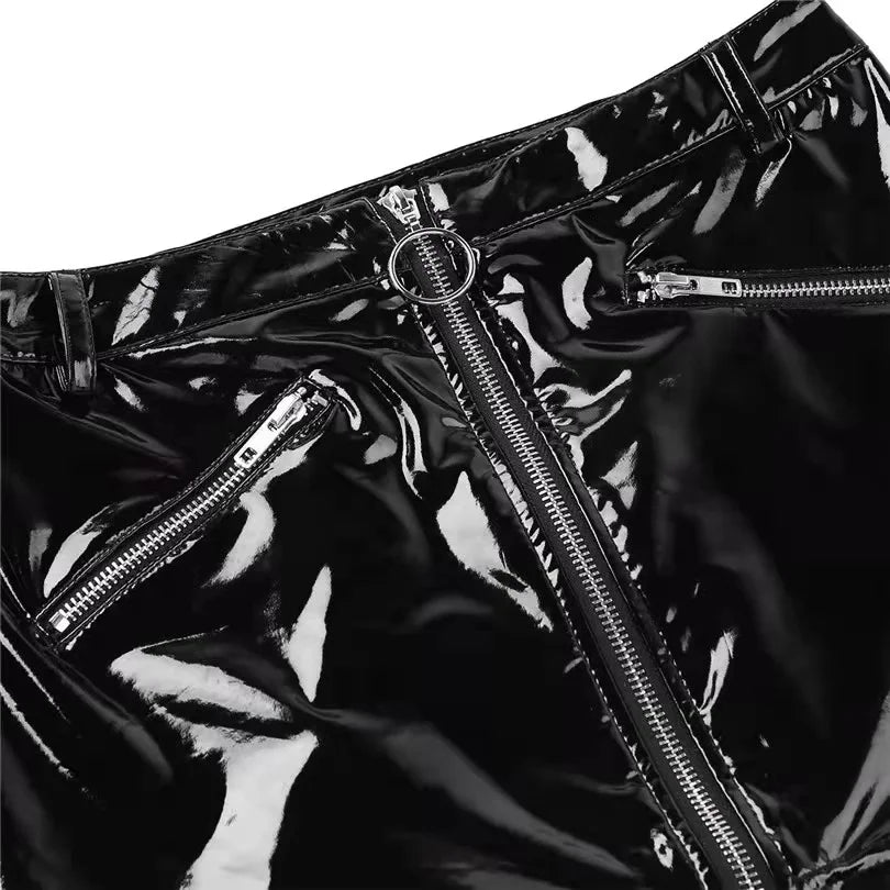 Seductive Wetlook Leather Mini Skirt with Zipper and Open Crotch - Glossy Shaping Sheath Dress for a Stunning Look