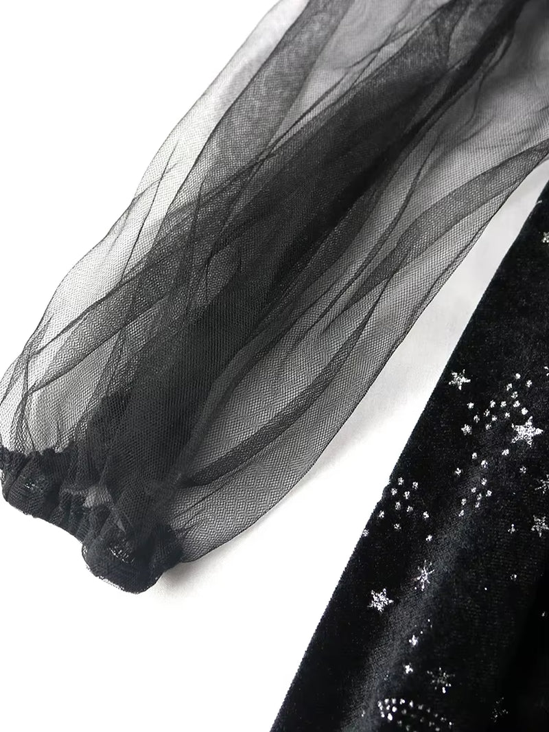 2023 Spring Green Velvet Mini Dress with Sheer Sleeves - Elegant A-Line Party Dress for Women and Girls in S, M, L, XL