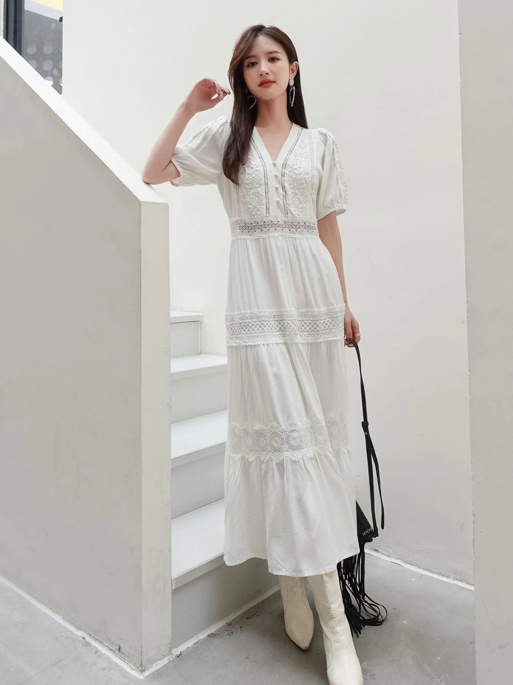 Elegant V-Neck Lantern Sleeve Maxi Dress - 2025 Spring Summer Cotton Patchwork Lace Beach Dress for Women