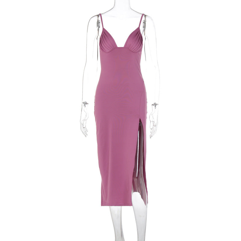 Chic Deep V-Neck Spaghetti Strap Bodycon Dress with Elegant Split Design - Perfect for Parties!