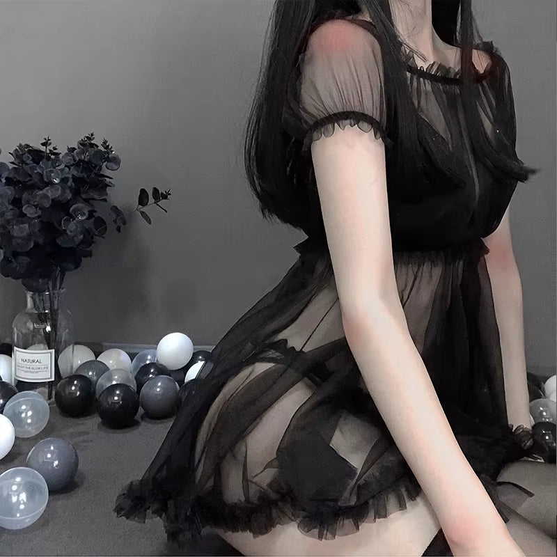 Kawaii Lace Off-Shoulder Nightdress Set - Sheer Tulle Lingerie & Cosplay Costume for Women