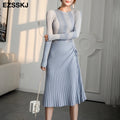 Chic A-Line Knit Sweater Dress for Women - Elegant Slim Midi with Drawstring Detail for Autumn & Winter