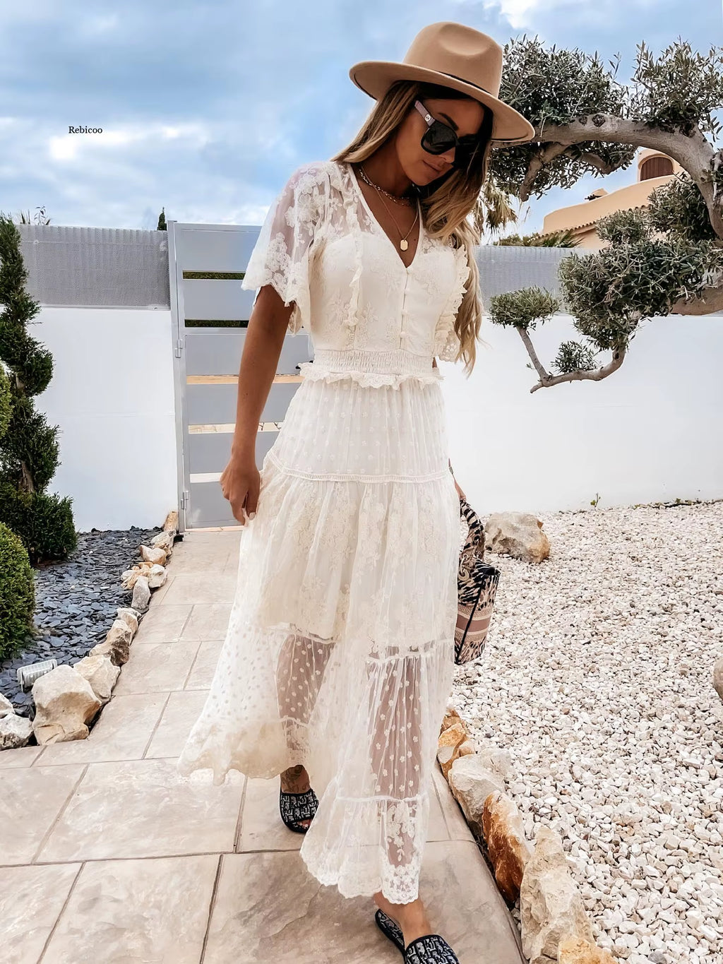 Elegant V-Neck A-Line Midi Dress for Women - Summer Fashion Casual Short Sleeve Dress