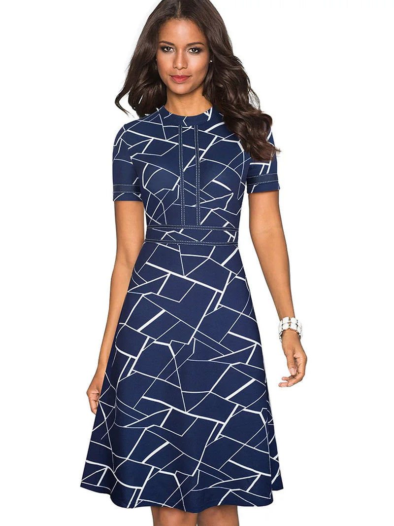 Elegant Vintage Patchwork A-Line Dress for Women - Perfect for Business and Party Events