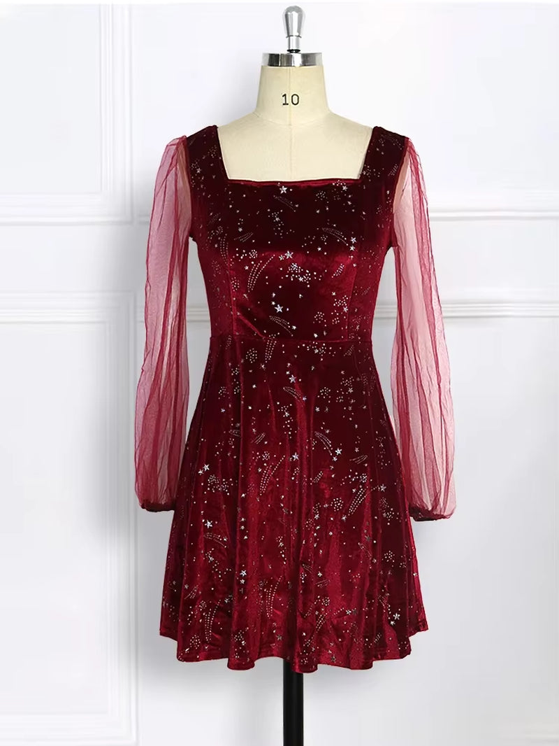 2023 Spring Green Velvet Mini Dress with Sheer Sleeves - Elegant A-Line Party Dress for Women and Girls in S, M, L, XL