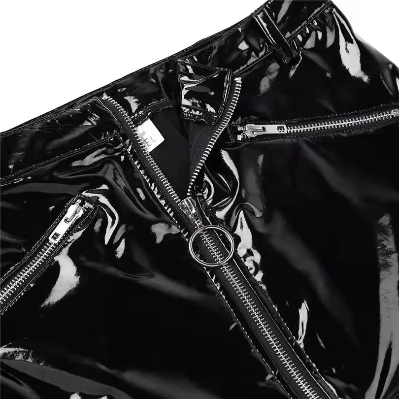 Seductive Wetlook Leather Mini Skirt with Zipper and Open Crotch - Glossy Shaping Sheath Dress for a Stunning Look