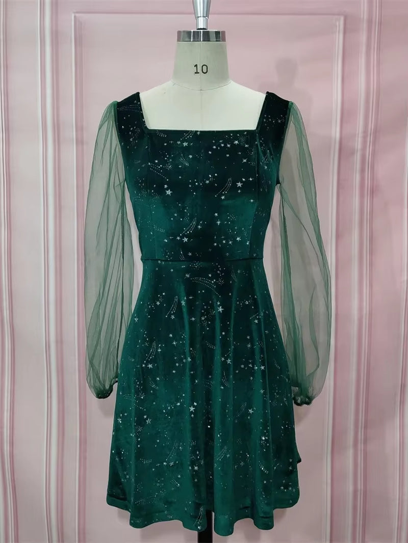 2023 Spring Green Velvet Mini Dress with Sheer Sleeves - Elegant A-Line Party Dress for Women and Girls in S, M, L, XL