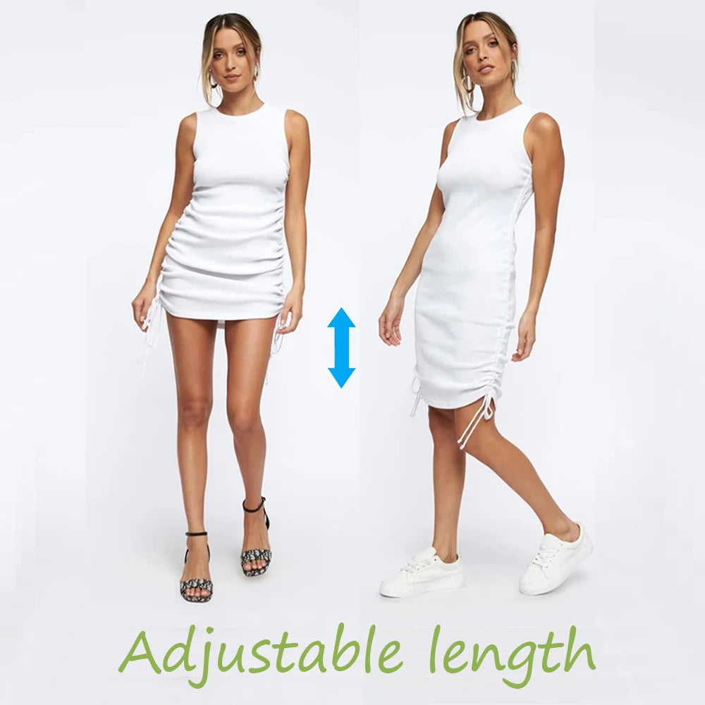 Ribbed Elastic Mini Dress with Adjustable Drawstring - Sexy Bodycon Party Wear for Women