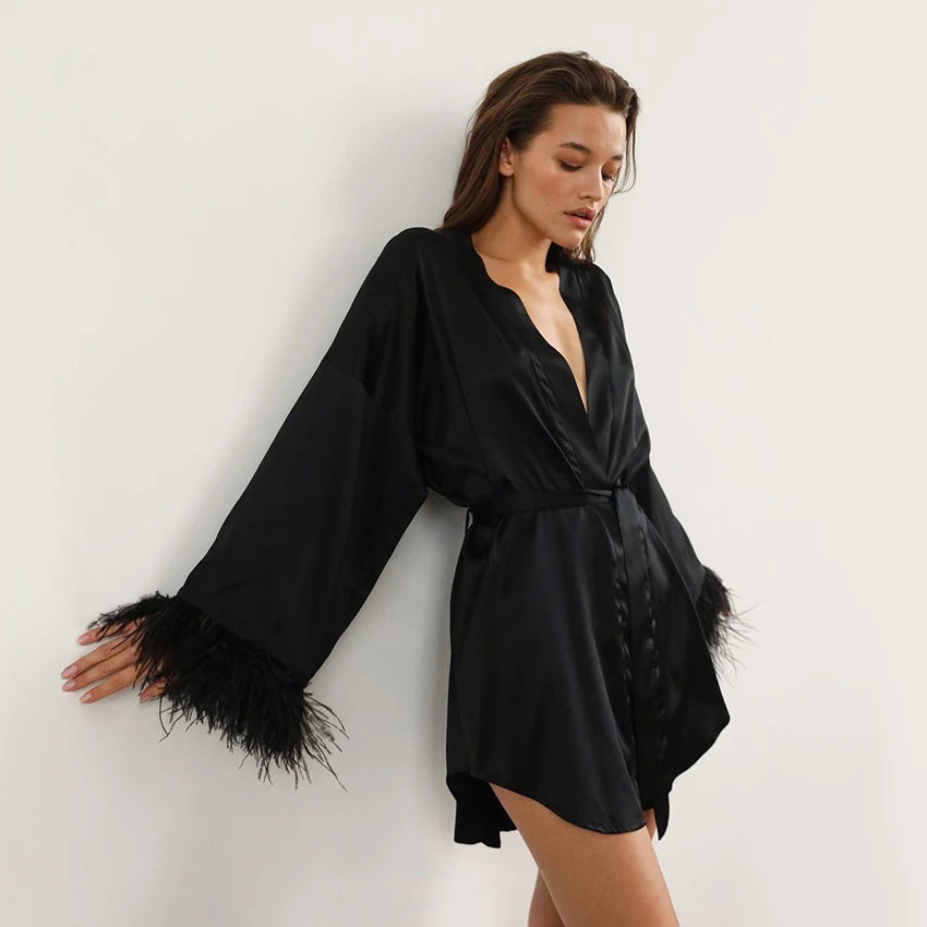 Elegant Satin Feather Bathrobe & Mini Dress - Long Sleeve Loose Peignoir for Brides and Special Occasions