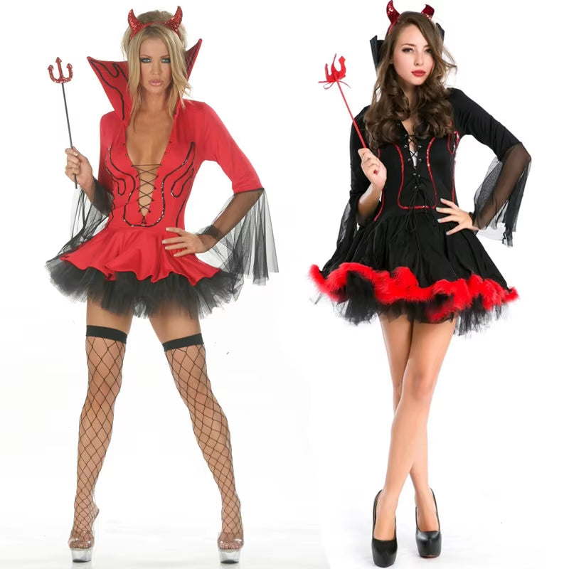 Seductive Black Devil Vampire Costume for Women - Sexy Halloween Cosplay & Red Fancy Party Dress