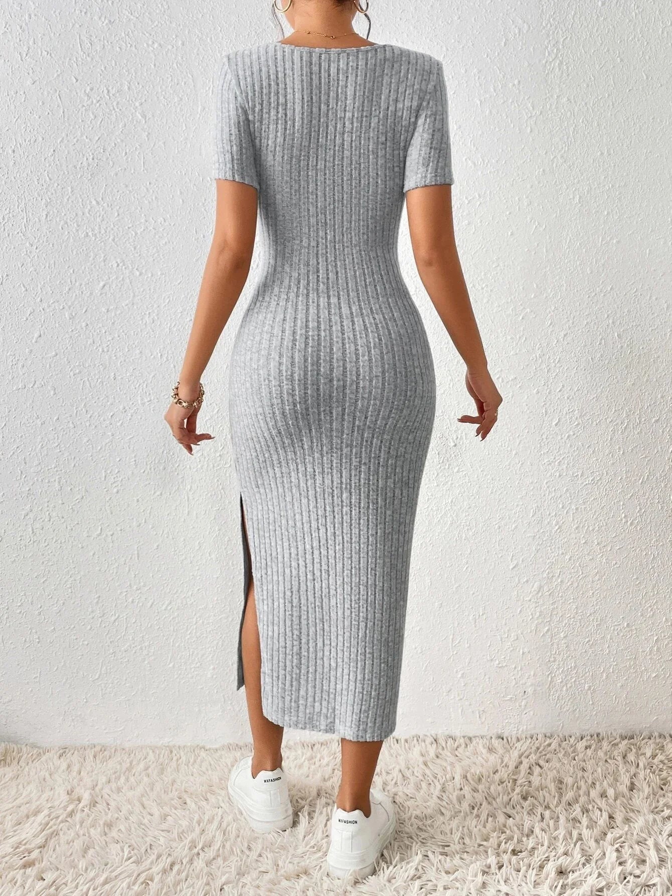 Chic Women's Spring/Summer Knitted Dress - Casual Short Sleeve, Square Collar & Side Slit Vestidos
