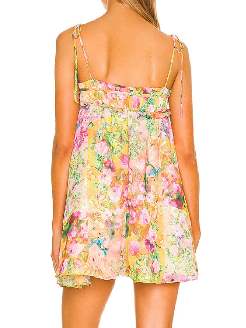Boho Floral Print Mini Dress - Backless Corset Style with Spaghetti Straps and Lacing for a Chic Holiday Look