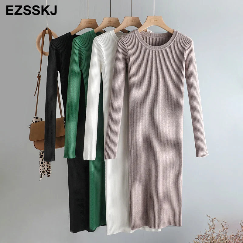 Cozy Chic: Women's Long Sleeve O-Neck Bodycon Sweater Dress for Autumn & Winter