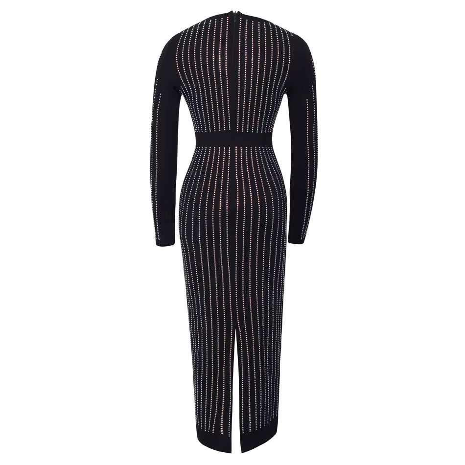 Glamorous Crystal-Embellished Long Sleeve Midi Dress with Back Split - Perfect for Parties and Prom!