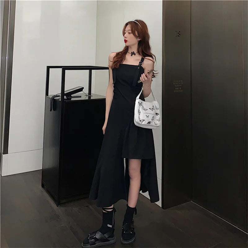 Chic Vintage Black Asymmetrical Sundress - Trendy Lace-Up Sleeveless Streetwear for Summer