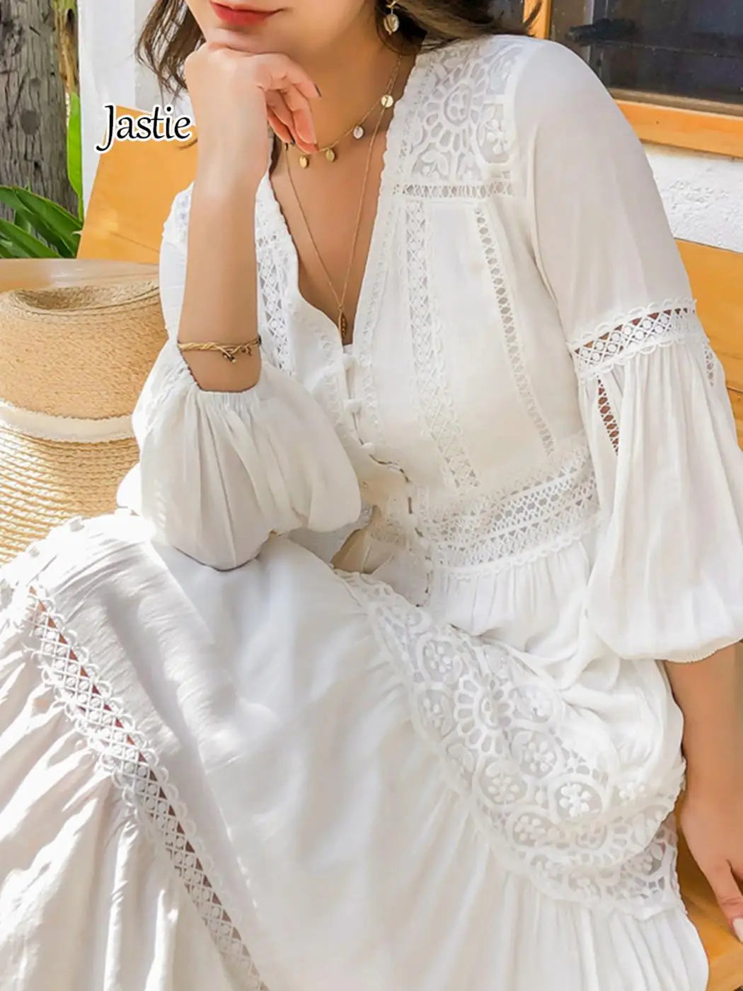 Elegant V-Neck Lantern Sleeve Maxi Dress - 2025 Spring Summer Cotton Patchwork Lace Beach Dress for Women