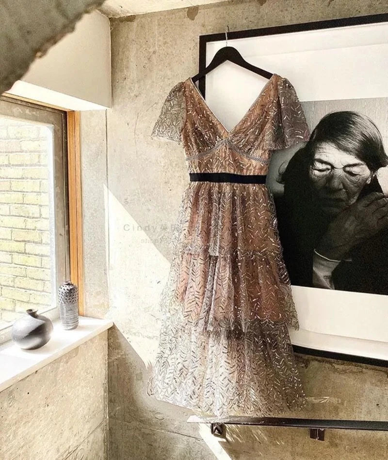 Sparkling Elegance: Women's Sequin Midi Dress - Short Sleeve V Neck