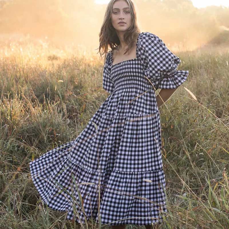 Chic Black & White Gingham Cotton Summer Dress with Bow Tie and