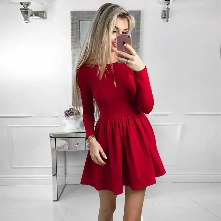 Schicke Vintage Wildleder-Minikleider für Damen – Retro Langarm-O-Neck in Schwarz & Rot für Herbst/Winter