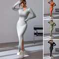 Chic V-Neck Bodycon Maxi Dress for Women - Long Sleeve Knitted
