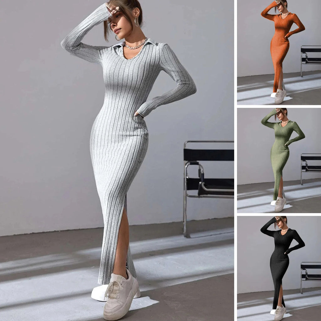 Chic V-Neck Bodycon Maxi Dress for Women - Long Sleeve Knitted