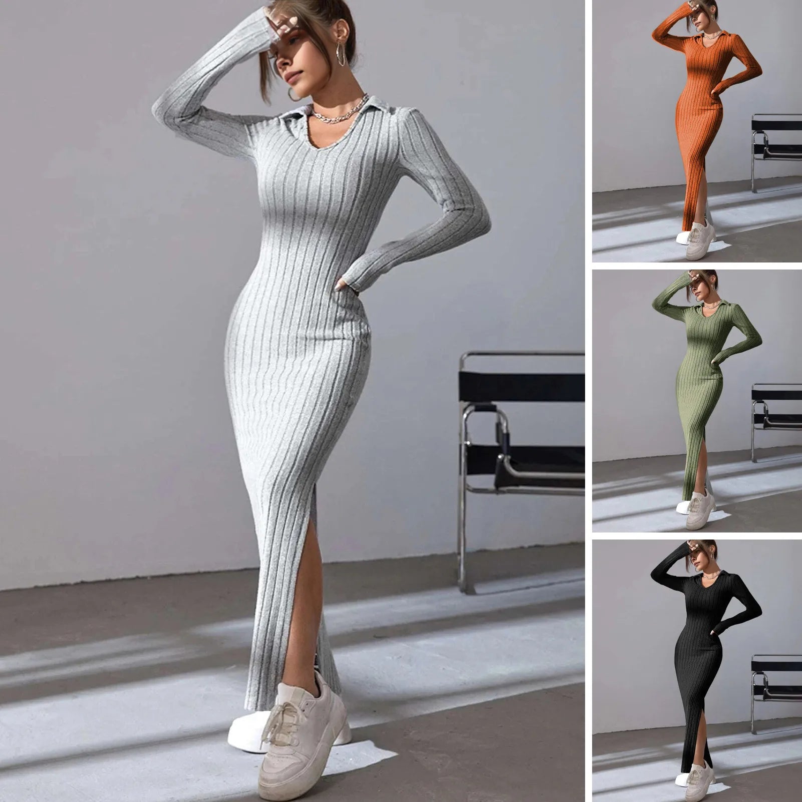 Chic V-Neck Bodycon Maxi Dress for Women - Long Sleeve Knitted