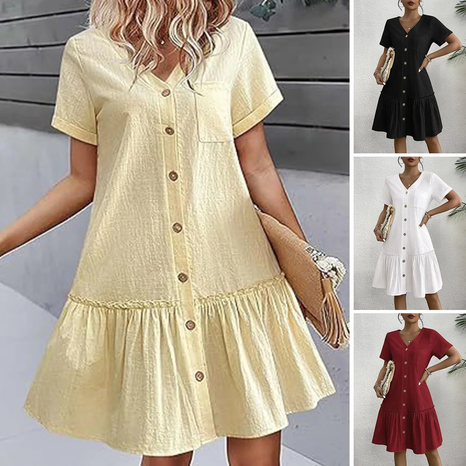 Chic European Spring & Summer V-Neck Button-Up Loose Fit Dress for
