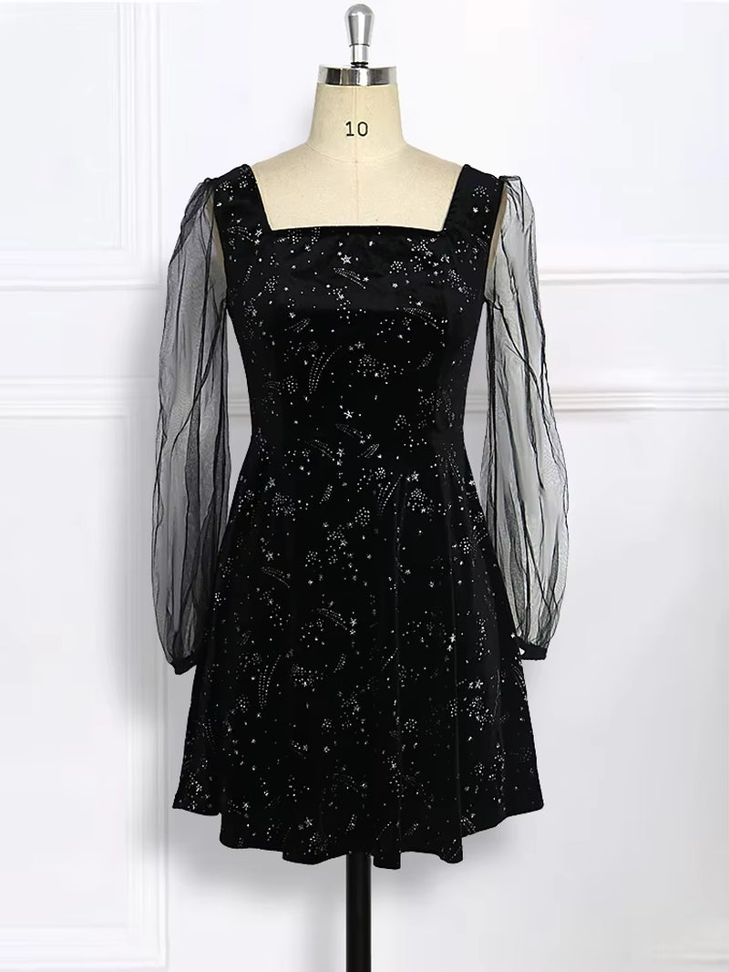 2023 Spring Green Velvet Mini Dress with Sheer Sleeves - Elegant A-Line Party Dress for Women and Girls in S, M, L, XL