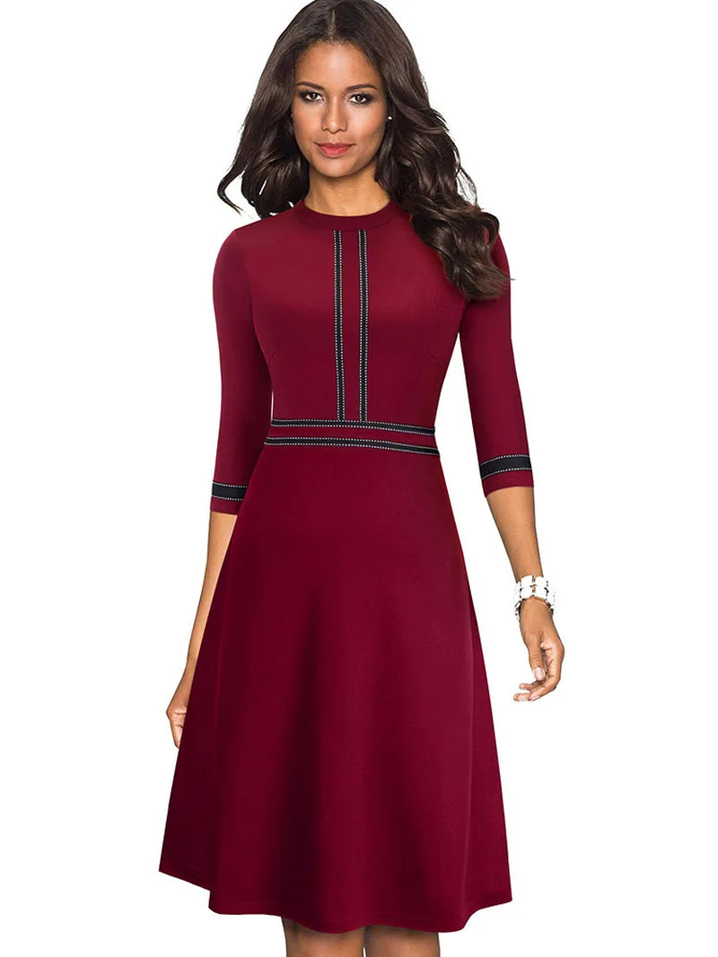 Elegant Vintage Patchwork A-Line Dress for Women - Perfect for Business and Party Events
