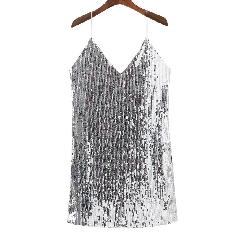 Glamorous Deep V Neck Silver Sequined Backless Mini Dress - Perfect for Christmas Parties & Club Nights!