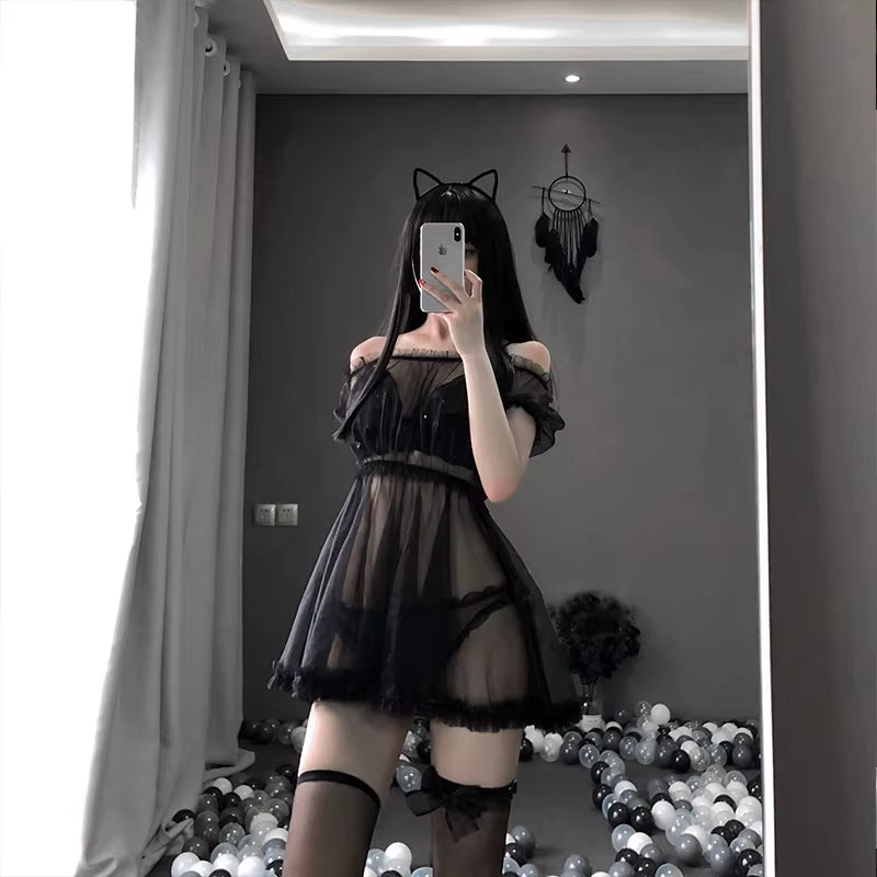 Kawaii Lace Off-Shoulder Nightdress Set - Sheer Tulle Lingerie & Cosplay Costume for Women