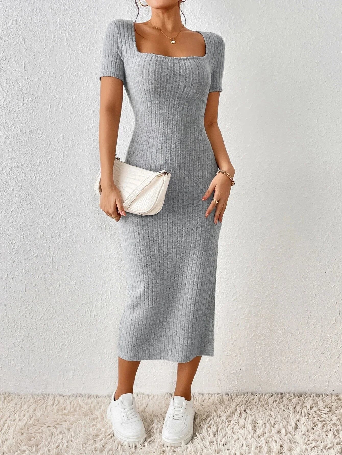 Chic Women's Spring/Summer Knitted Dress - Casual Short Sleeve, Square Collar & Side Slit Vestidos