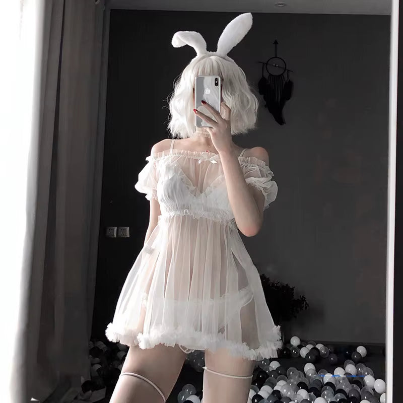 Kawaii Lace Off-Shoulder Nightdress Set - Sheer Tulle Lingerie & Cosplay Costume for Women