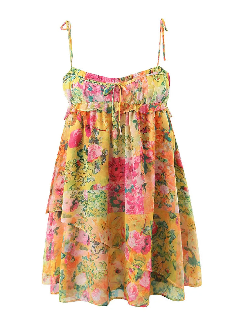 Boho Floral Print Mini Dress - Backless Corset Style with Spaghetti Straps and Lacing for a Chic Holiday Look