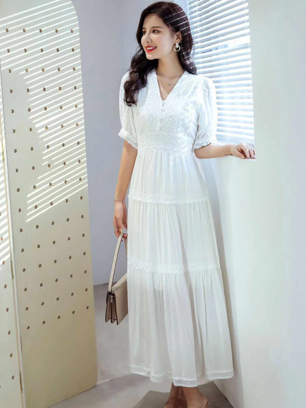 Elegant V-Neck Lantern Sleeve Maxi Dress - 2025 Spring Summer Cotton Patchwork Lace Beach Dress for Women