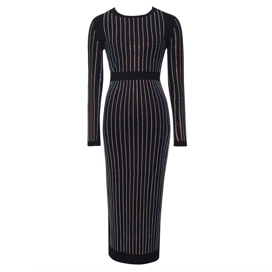 Glamorous Crystal-Embellished Long Sleeve Midi Dress with Back Split - Perfect for Parties and Prom!