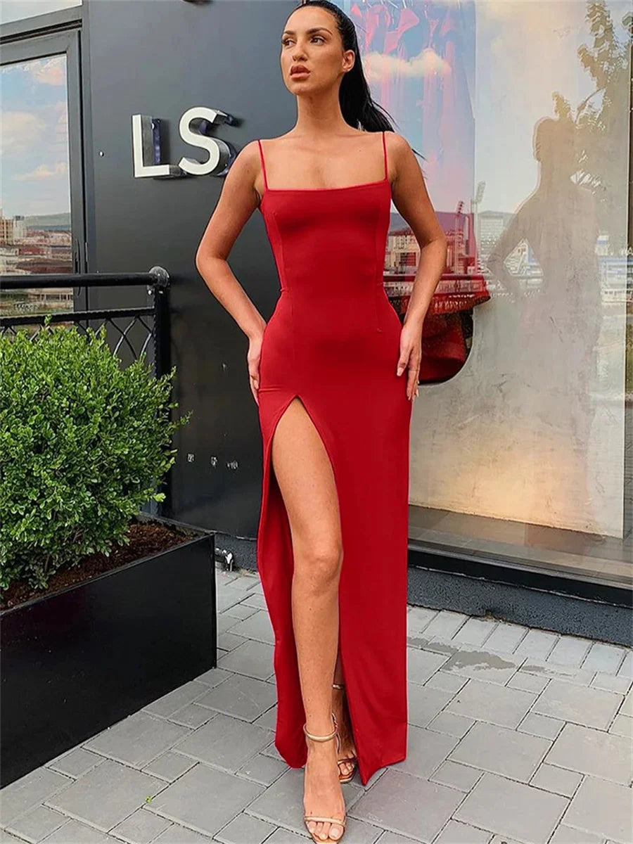 Summer Sexy Bodycon Dress for Women - Spaghetti Strap Split Sheath Dress in Solid Colors