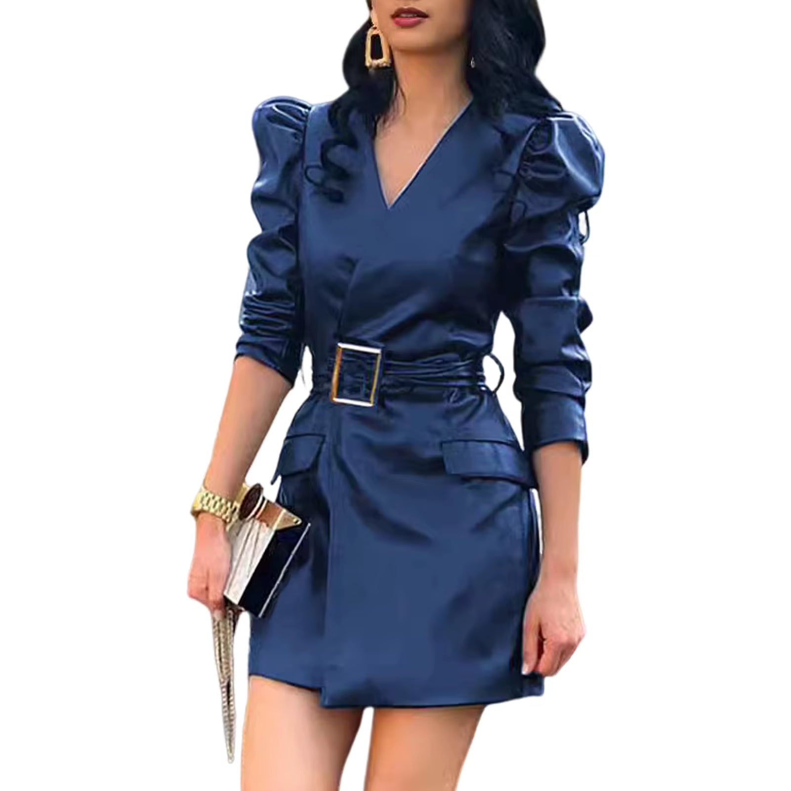 Elegant Lace Long Sleeve Mini Dress with Zipper Pockets - Slim Fit Faux Leather Party Dress for Women