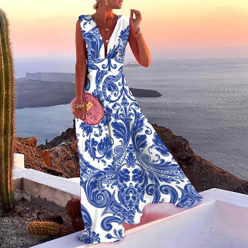 Elegant Summer Retro Floral Maxi Dress - Deep V Neck Sleeveless Beach Party Dress for Women