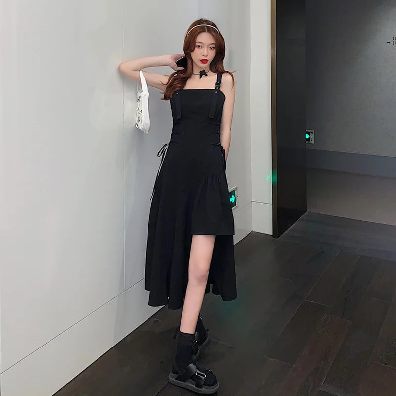 Chic Vintage Black Asymmetrical Sundress - Trendy Lace-Up Sleeveless Streetwear for Summer
