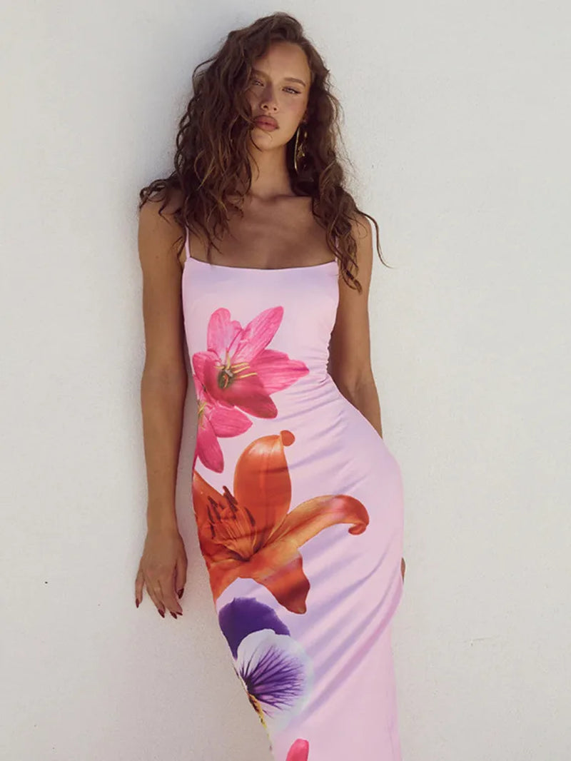 Elegant Floral Print Midi Dress for Women - Summer Spaghetti Strap Backless Bodycon Gown