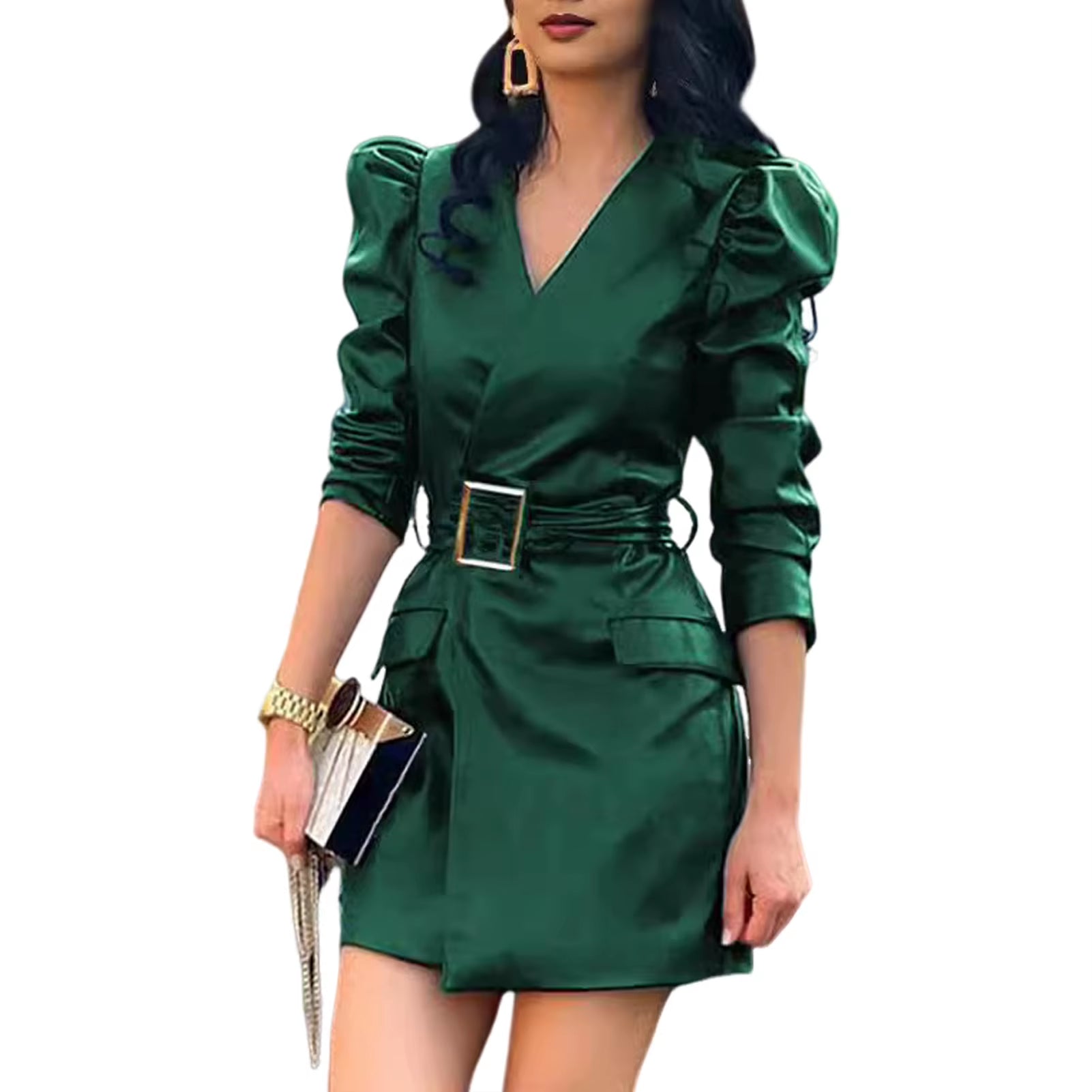 Elegant Lace Long Sleeve Mini Dress with Zipper Pockets - Slim Fit Faux Leather Party Dress for Women