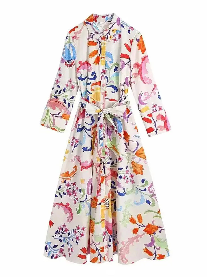 Chic Summer Floral Midi Dress with Bow Sashes and Three-Quarter Sleeves for Women
