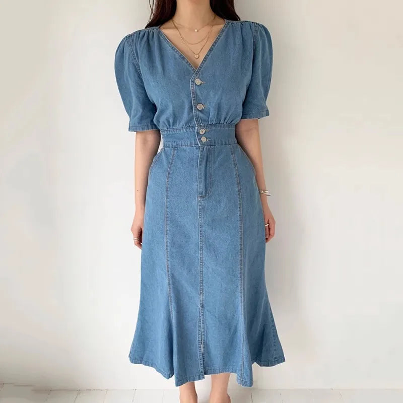 Chic Summer Retro Midi Denim Dress - V Neck Button-Up with Sexy Split & Ruched Detail for Elegant Street Style