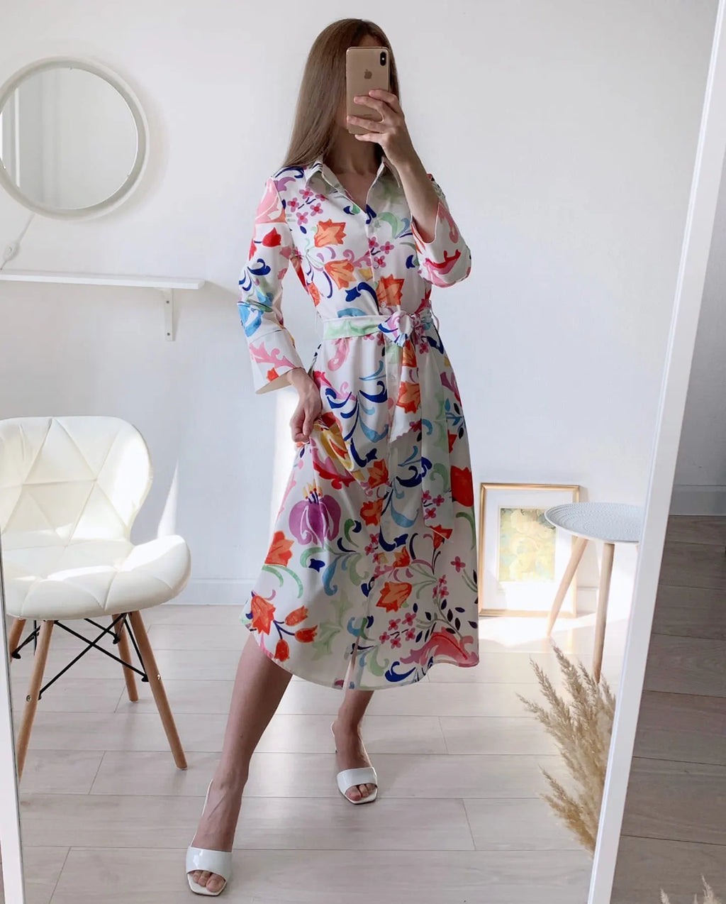 Chic Summer Floral Midi Dress with Bow Sashes and Three-Quarter Sleeves for Women