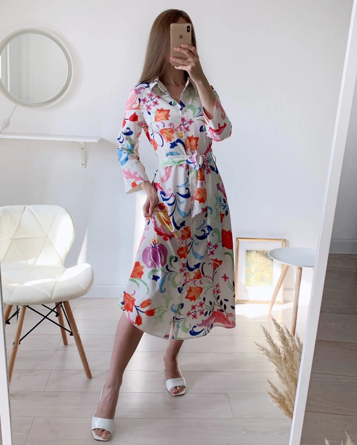Chic Summer Floral Midi Dress with Bow Sashes and Three-Quarter Sleeves for Women