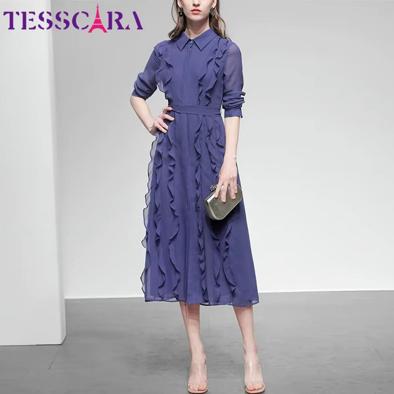 Elegant Women's Chiffon Dress Shirt - Perfect for Office and Cocktail Parties, Ruffle Design, High Quality Robe Femme